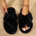 Women's Fluffy Cross Strap Fur Slippers Lightweight Soft Warm Plush House Slippers Woman Autumn Winter Flat Indoor Fuzzy Slides