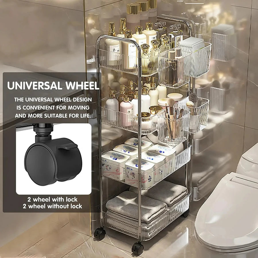 Light Luxury Storage Rack Trolley 2/3/4 Layers Transparent Acrylic Rolling Cart With Removable Hanging Baskets Snacks Bookshelf