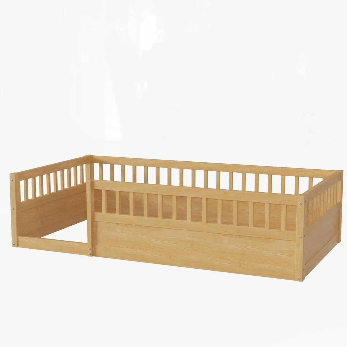 Twin Montessori Floor Bed with High Safety Rails — Natural Pine