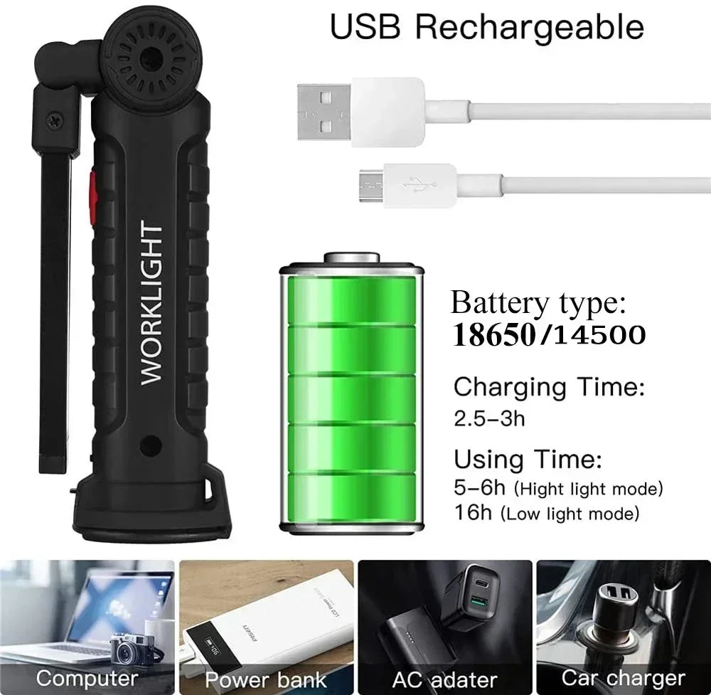 LED COB Flashlight USB Rechargeable Torch Inspection Lamp with Magnetic，Hook 360° Rotatable Light Outdoor Emergency Working Lamp