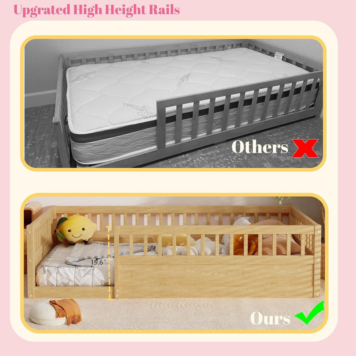 Twin Montessori Floor Bed with High Safety Rails — Natural Pine
