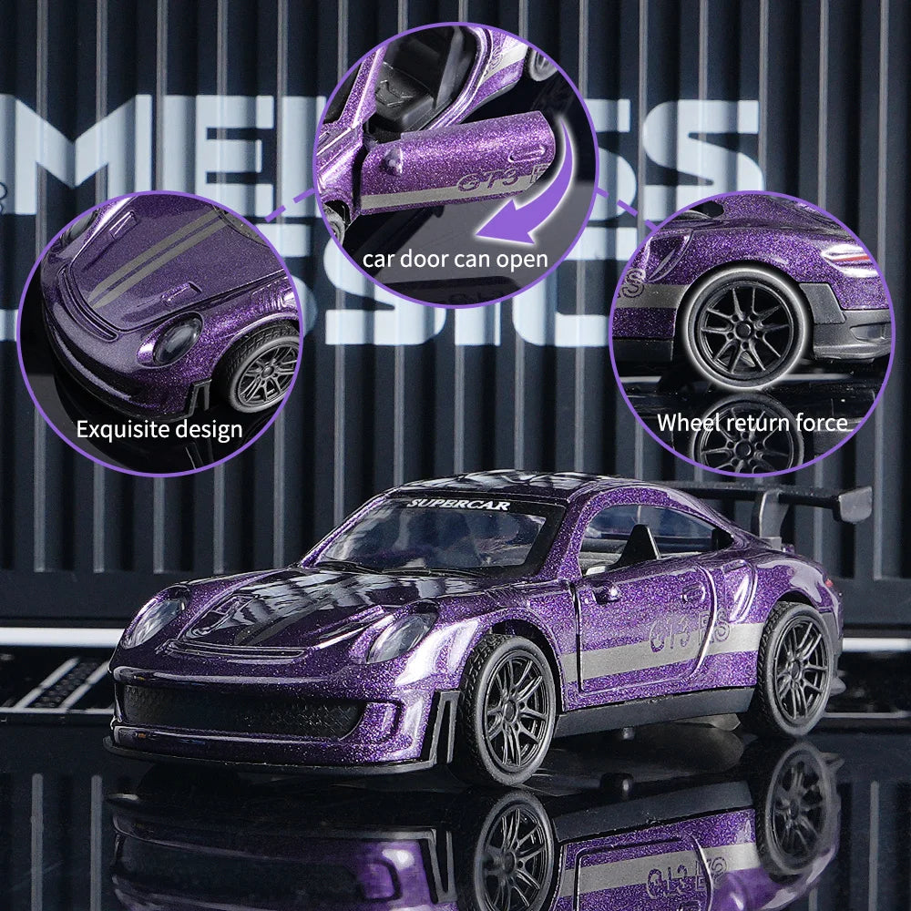 Purple GT3 RS Diecast Model Car – 11cm Alloy Supercar with Openable Doors