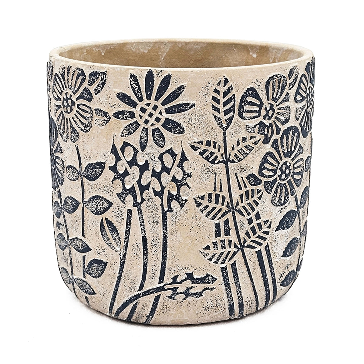 Set of 2 Cement Planters with Floral Motif – 2 Designs