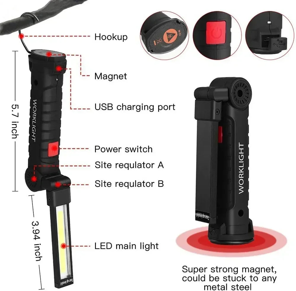 LED COB Flashlight USB Rechargeable Torch Inspection Lamp with Magnetic，Hook 360° Rotatable Light Outdoor Emergency Working Lamp