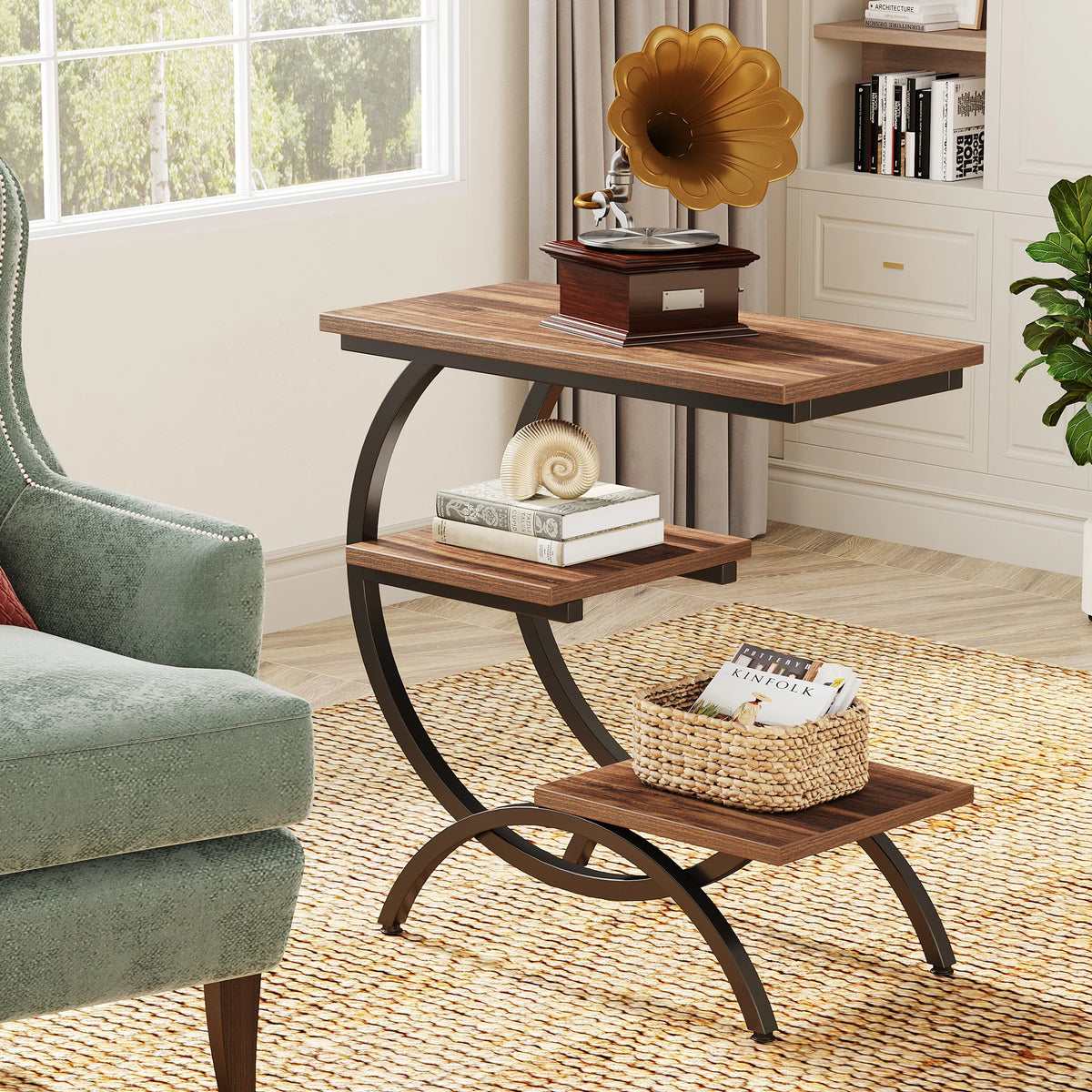 Tribesigns C-Shaped End Table, Industrial 3-Tier Small Table for Couch, Wood Bedside Table Snack Table with Storage Shelves