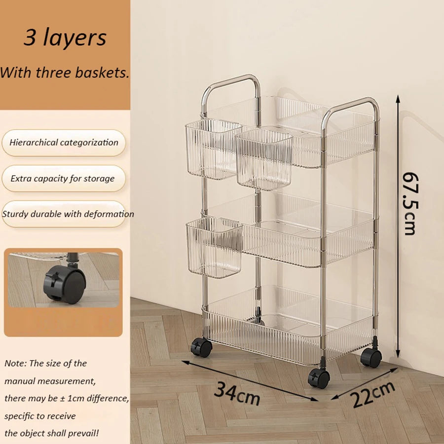 Light Luxury Storage Rack Trolley 2/3/4 Layers Transparent Acrylic Rolling Cart With Removable Hanging Baskets Snacks Bookshelf