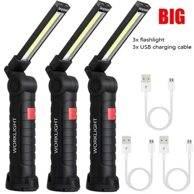 LED COB Flashlight USB Rechargeable Torch Inspection Lamp with Magnetic，Hook 360° Rotatable Light Outdoor Emergency Working Lamp