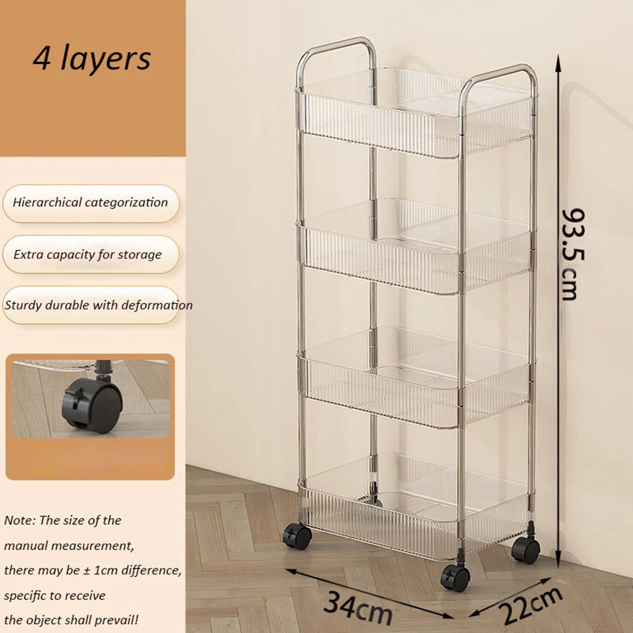 Light Luxury Storage Rack Trolley 2/3/4 Layers Transparent Acrylic Rolling Cart With Removable Hanging Baskets Snacks Bookshelf