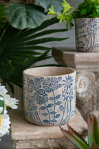 Set of 2 Cement Planters with Floral Motif – 2 Designs