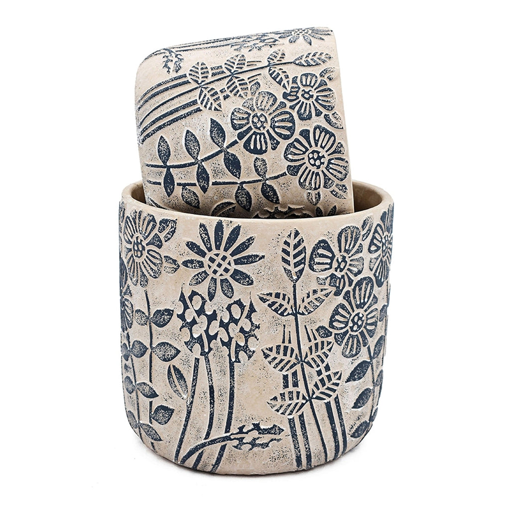 Set of 2 Cement Planters with Floral Motif – 2 Designs
