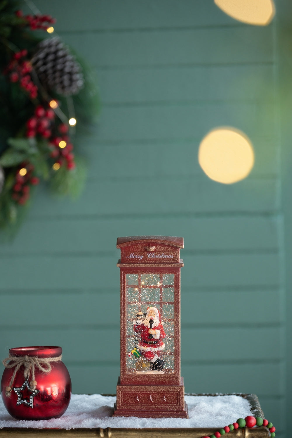 Lighted Christmas Santa Phone Booth – Water-Spinning Holiday Tabletop Decor