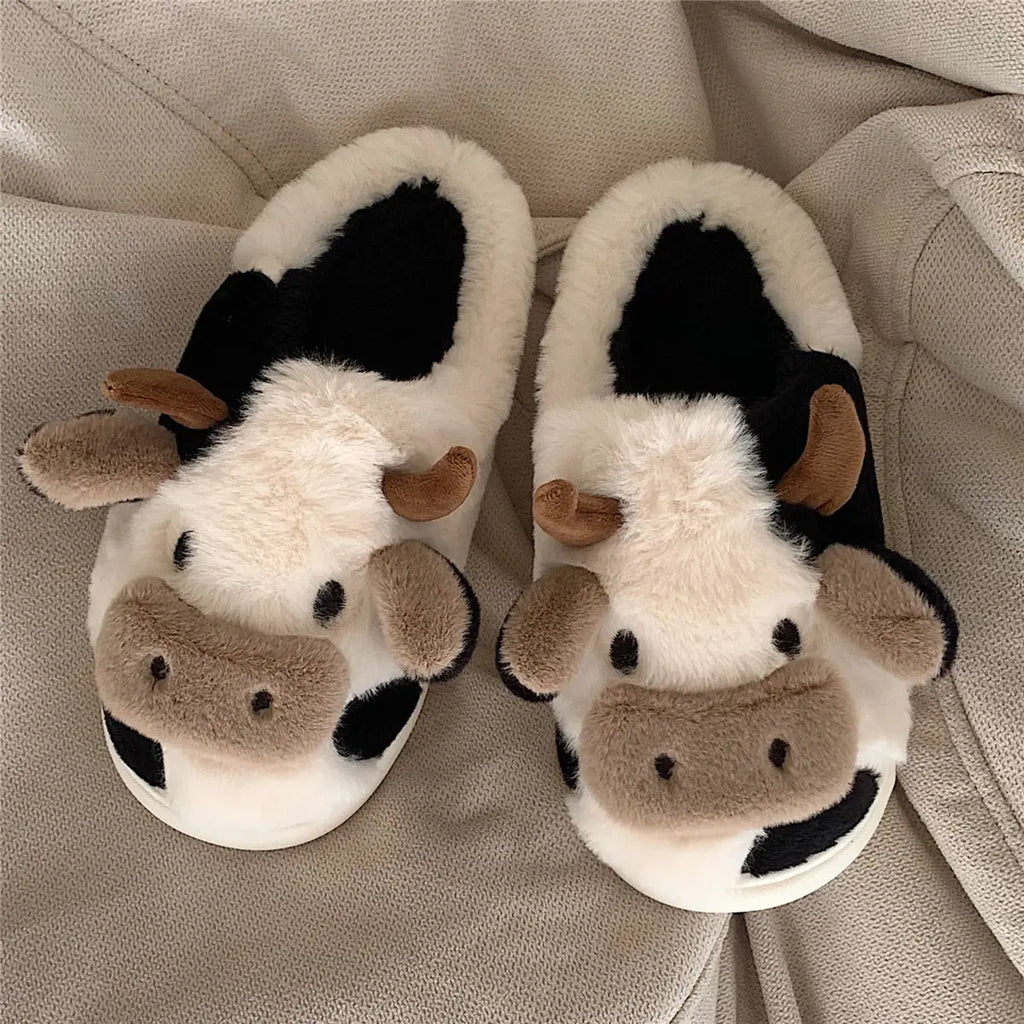 Winter Home Slippers for Couples Warm Plush Neutral Cartoon Cow Indoor Anti Slip Comfortable Cotton Slippers for Men and Women