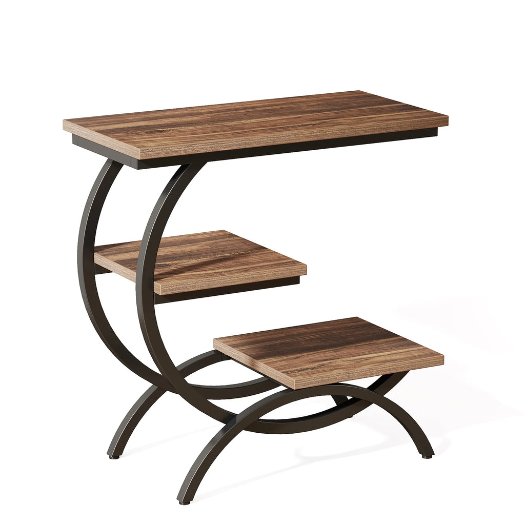 Tribesigns C-Shaped End Table, Industrial 3-Tier Small Table for Couch, Wood Bedside Table Snack Table with Storage Shelves