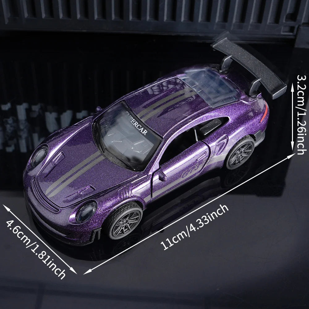 Purple GT3 RS Diecast Model Car – 11cm Alloy Supercar with Openable Doors