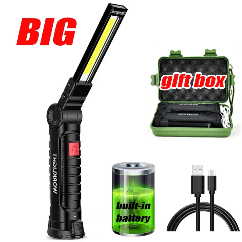 LED COB Flashlight USB Rechargeable Torch Inspection Lamp with Magnetic，Hook 360° Rotatable Light Outdoor Emergency Working Lamp