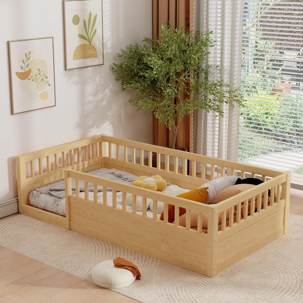 Twin Montessori Floor Bed with High Safety Rails — Natural Pine