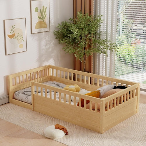 Twin Montessori Floor Bed with High Safety Rails — Natural Pine