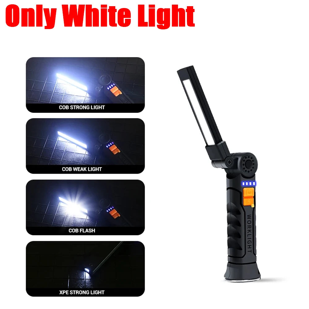 LED COB Flashlight USB Rechargeable Torch Inspection Lamp with Magnetic，Hook 360° Rotatable Light Outdoor Emergency Working Lamp