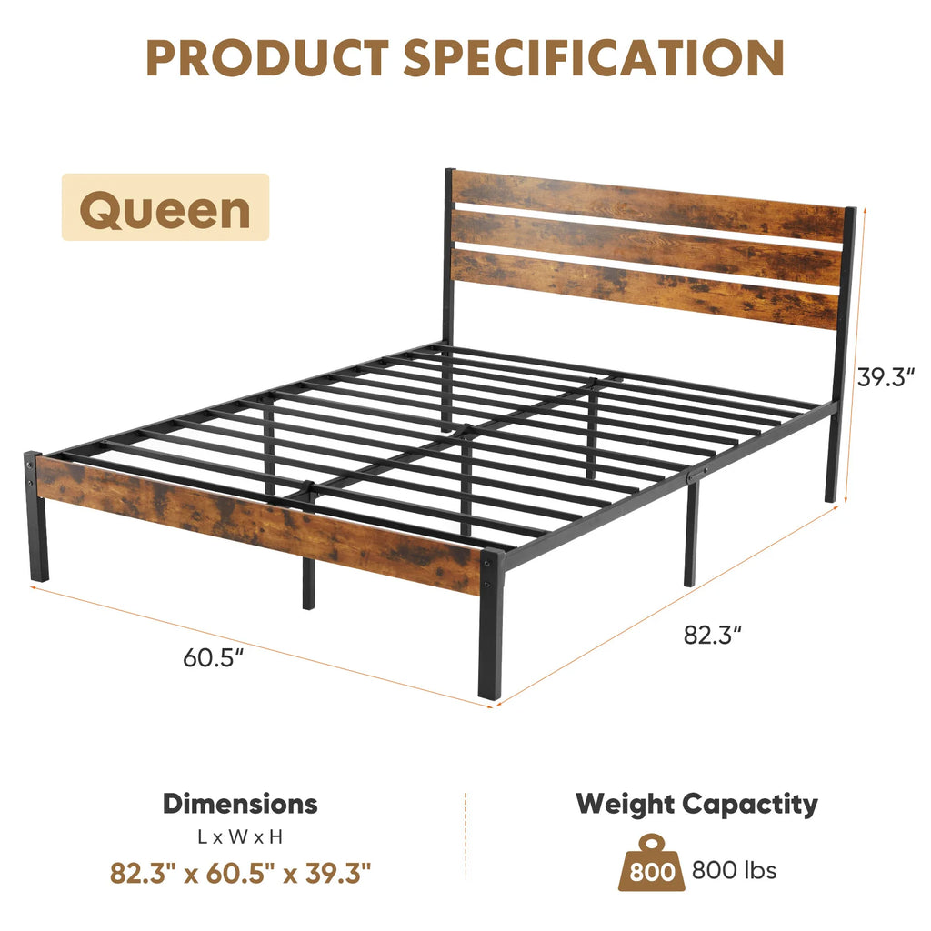 Platform Bed Frame with Wooden Headboard – No Box Spring Needed, 700 LBS Capacity