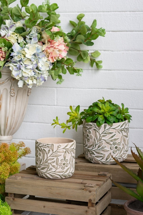 Set of 2 Cement Planters with Floral Motif – 2 Designs