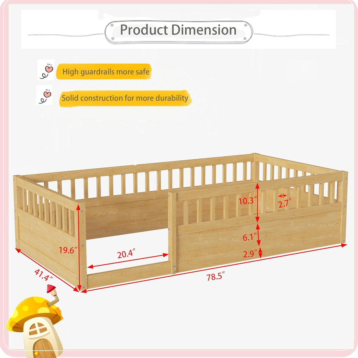 Twin Montessori Floor Bed with High Safety Rails — Natural Pine