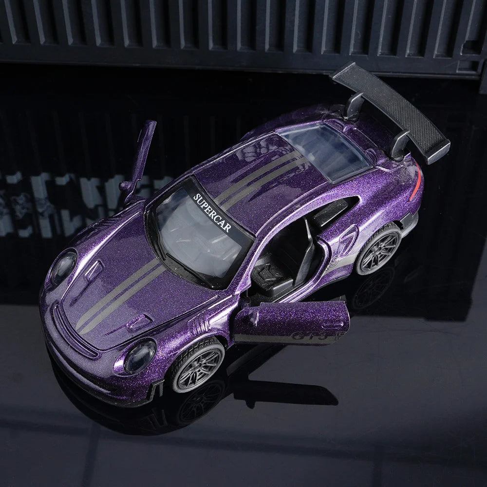 Purple GT3 RS Diecast Model Car – 11cm Alloy Supercar with Openable Doors