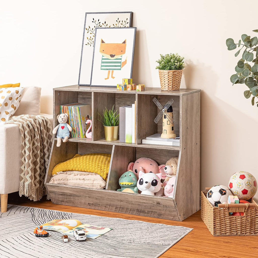 Kids Bookshelf & Toy Storage Cabinet — 35" Wide, Greige