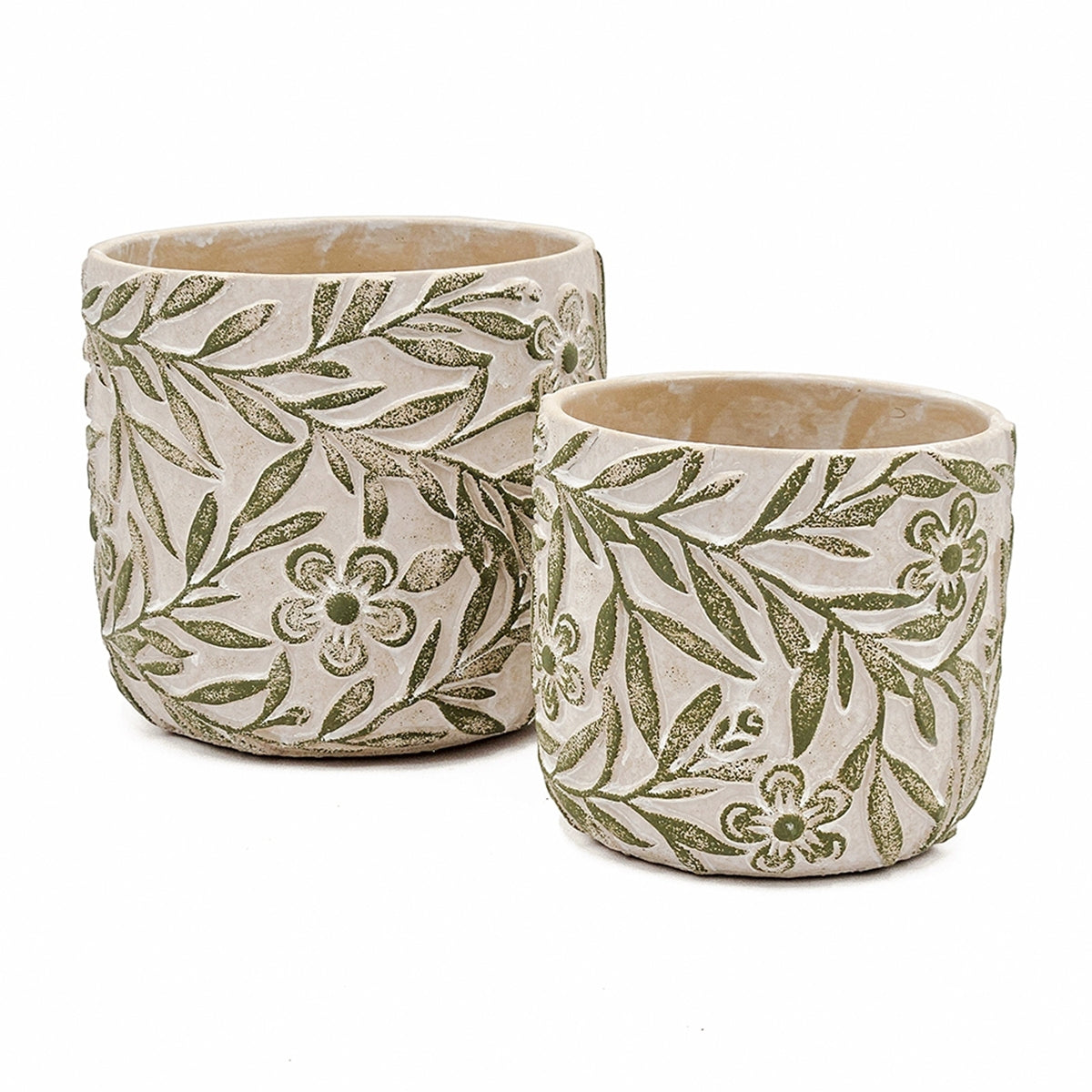 Set of 2 Cement Planters with Floral Motif – 2 Designs