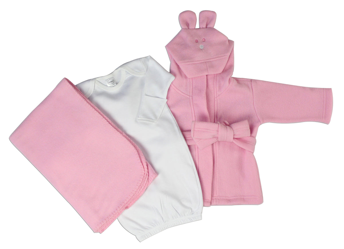 Bambini Newborn Baby Girls 3-Piece Layette Set – Gown, Fleece Robe & Blanket