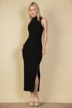Ribbed Mock Neck Bodycon Maxi Dress with Side Slits