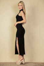 Ribbed Mock Neck Bodycon Maxi Dress with Side Slits