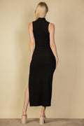 Ribbed Mock Neck Bodycon Maxi Dress with Side Slits