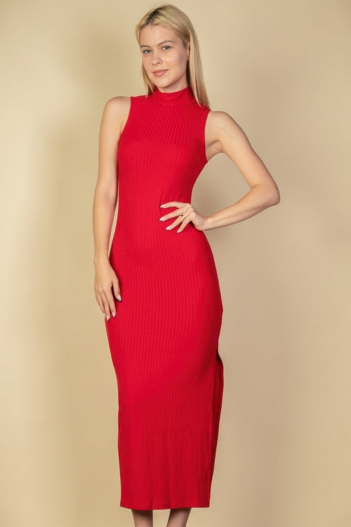 Ribbed Mock Neck Bodycon Maxi Dress with Side Slits