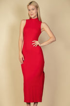 Ribbed Mock Neck Bodycon Maxi Dress with Side Slits