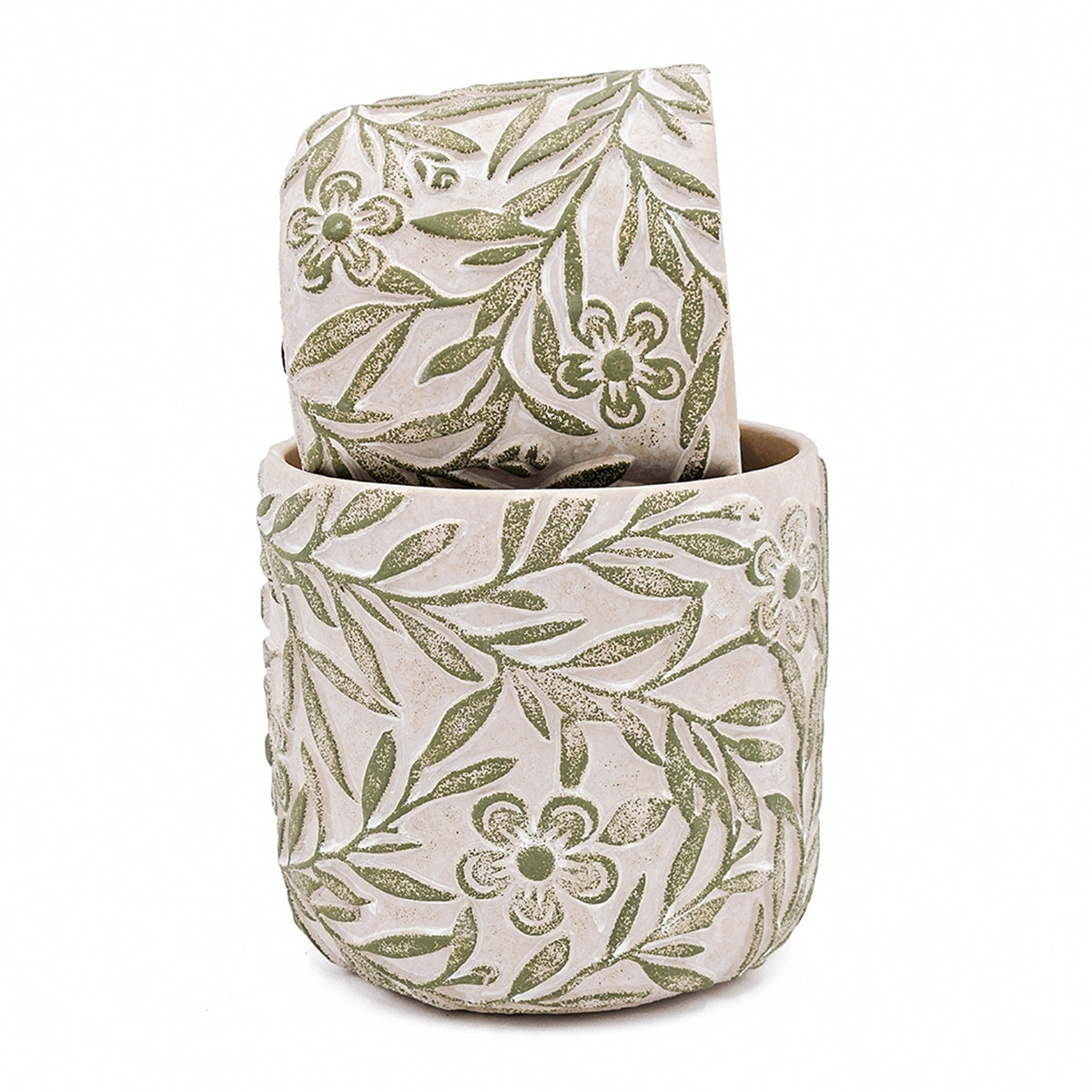 Set of 2 Cement Planters with Floral Motif – 2 Designs