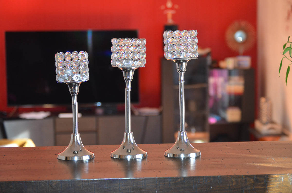 VIBHSA Crystal Hurricane Candle Holders — Set of 3 (10"/11"/12")