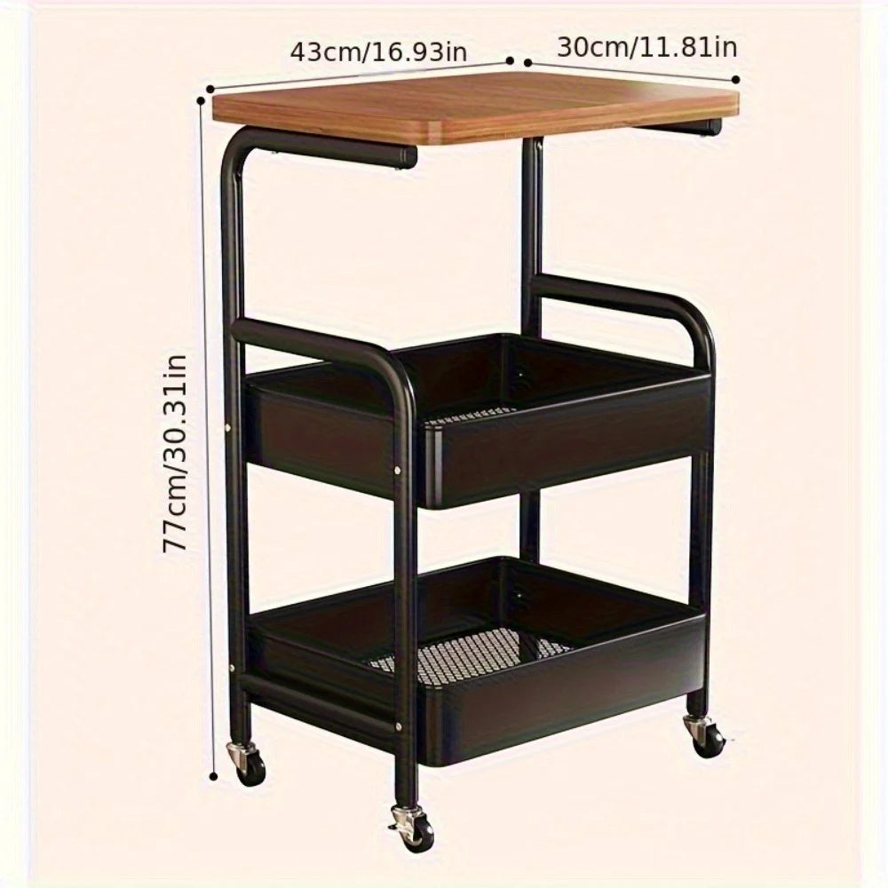 3-Tier Rolling Cart with Tabletop, Metal Tool and Snack Rack with Storage, Durable Carbon Steel Frame, Wheels for Easy Mobility