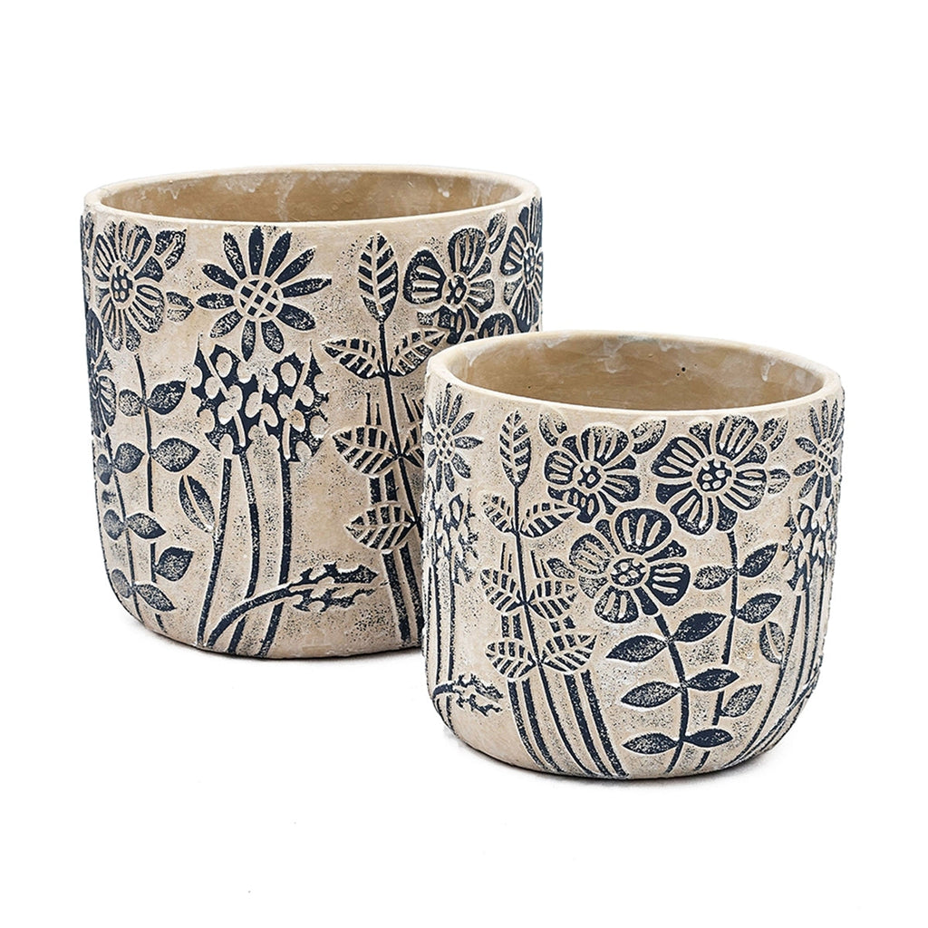 Set of 2 Cement Planters with Floral Motif – 2 Designs