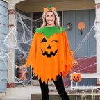 3-Piece Pumpkin Halloween Costume for Women – Poncho, Headband & Candy Bag