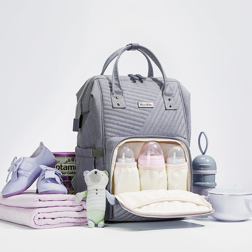 Modern Quilted Diaper Bag Backpack – 13 Compartments, USB Port, Waterproof