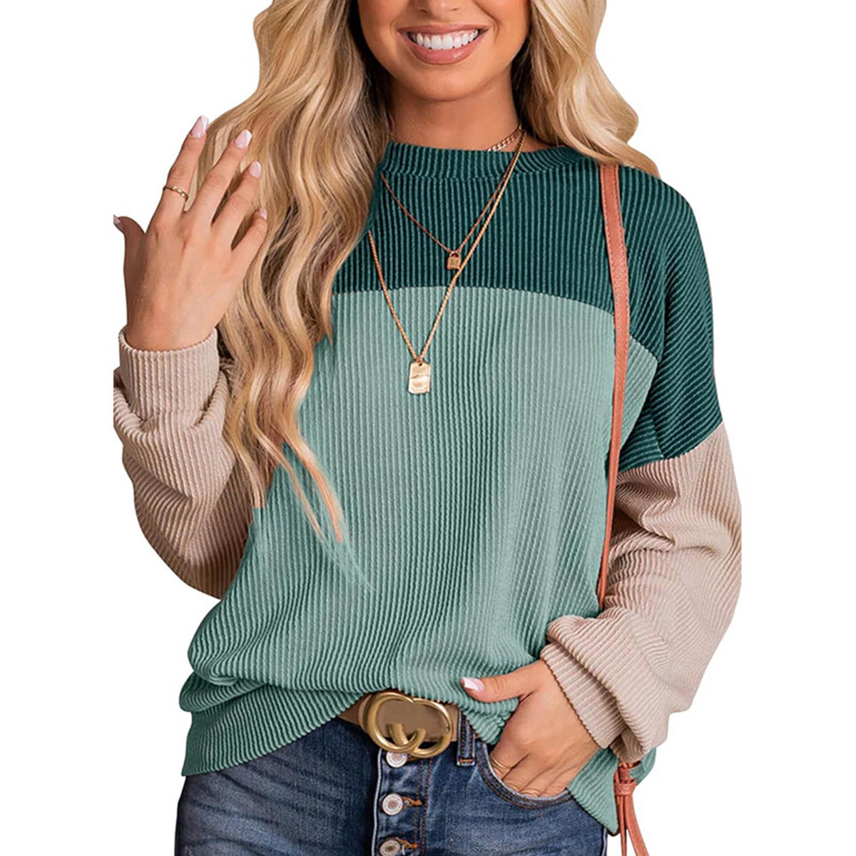 Women's Color Block Long Sleeve Knit Pullover Top