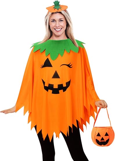 3-Piece Pumpkin Halloween Costume for Women – Poncho, Headband & Candy Bag