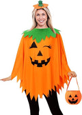 3-Piece Pumpkin Halloween Costume for Women – Poncho, Headband & Candy Bag