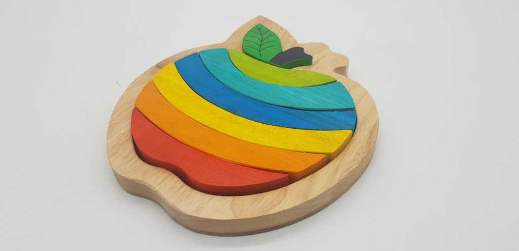 QToys Wooden Apple Puzzle — Rainbow Raised Tray Puzzle for Toddlers
