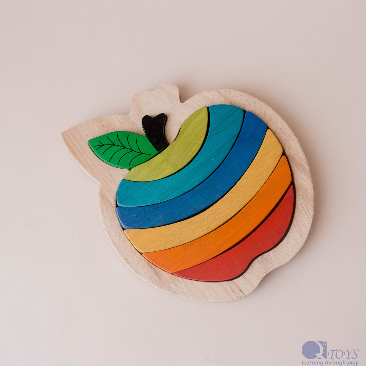 QToys Wooden Apple Puzzle — Rainbow Raised Tray Puzzle for Toddlers