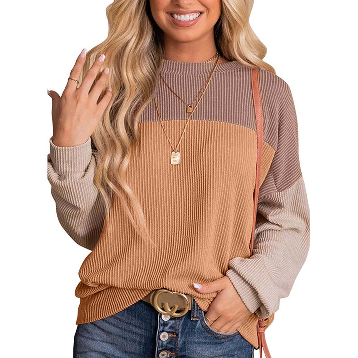 Women's Color Block Long Sleeve Knit Pullover Top