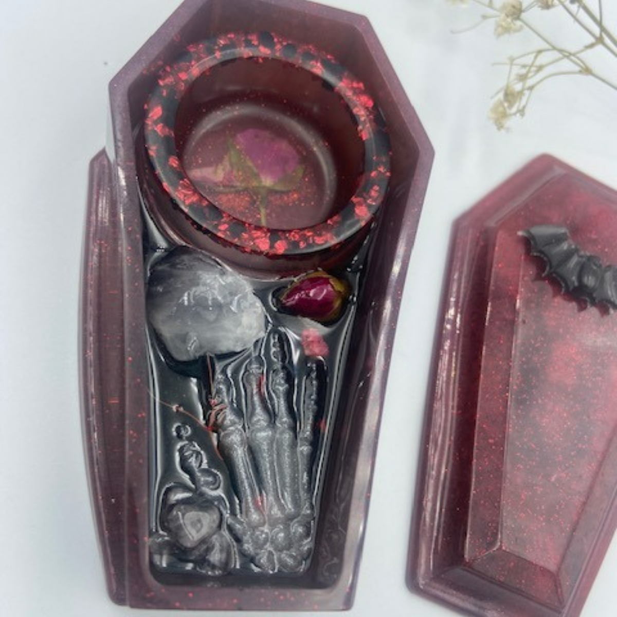 Resin Coffin Tea Light & Incense Holders with Rose Quartz & Amethyst