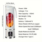 Portable USB Rechargeable Juice Blender Cup – 12-Blade with LED Display, 450ml