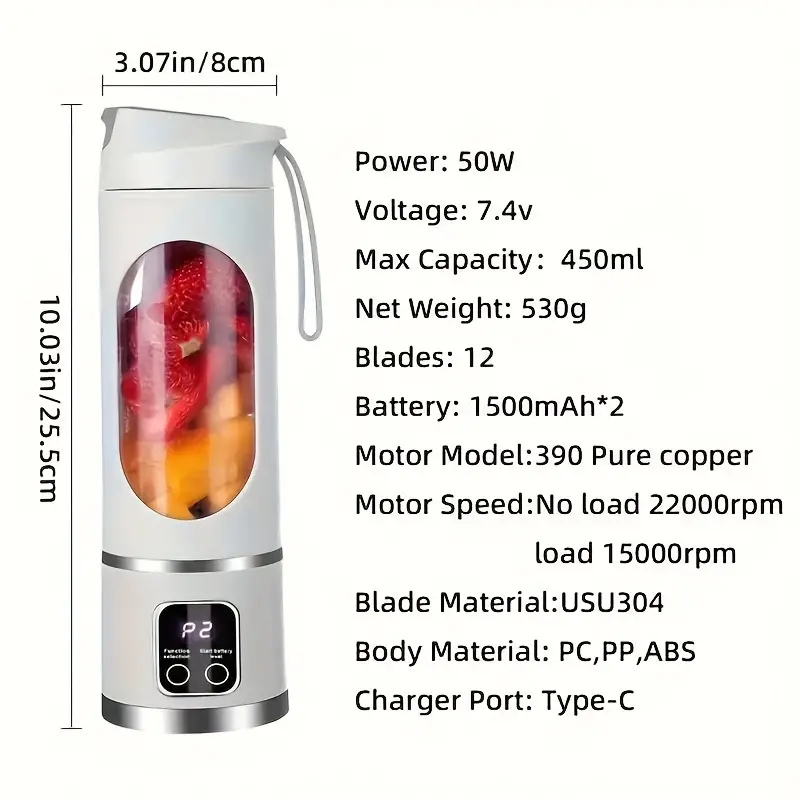 Portable USB Rechargeable Juice Blender Cup – 12-Blade with LED Display, 450ml