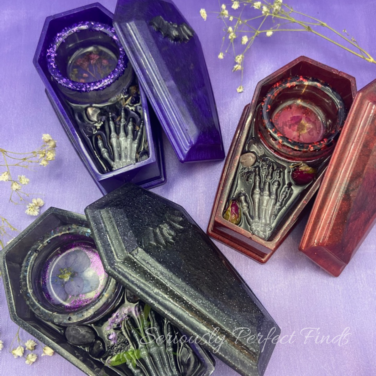 Resin Coffin Tea Light & Incense Holders with Rose Quartz & Amethyst